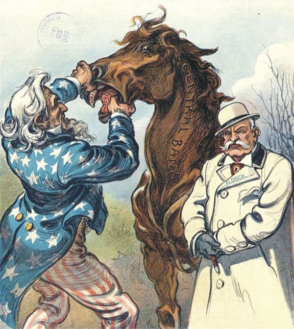 "ÎNTOTDEAUNA EXAMINEAZĂ DINŢII CALULUI DE DAR" Ilustraţia (autor Udo J. Keppler) îl arată pe Nelson W. Aldrich, alături de un cal inscripţionat "Banca Centrală", pe care se pare că îl oferă unchiului Sam, care inspectează dinţii calului cu eticheta "Wall St. Interes". Publicată în Revista Puck, la 1 ianuarie 1909. Sursa: Biblioteca Congresului SUA. În calitate de preşedinte al Comitetului Finanţelor Senatului SUA la începutul secolului al XX-lea, Nelson W. Aldrich (1841 - 1915) a jucat un rol esenţial în crearea sistemului de rezerve federale.În noiembrie 1910, sub acoperirea unei vânătoare de raţe, Aldrich şi un grup mic de experţi în reforma bancară au organizat o conferinţă privată pe insula Jekyll, Georgia, pentru a elabora un plan de restructurare a sistemului bancar din America şi eliminarea posibilităţii viitoarelor crize.Printre participanţi s-au numărat A. Piatt Andrew, secretar adjunct al Trezoreriei; Henry Davison, partener la J.P Morgan şi Co .; Frank Vanderlip, preşedintele Băncii Naţionale a Oraşului; şi Paul Warburg, partener la Kuhn, Loeb şi Co.Planul Aldrich a cerut crearea unei instituţii centrale, Asociaţia Rezervaţiei Naţionale, care să aibă sucursale în toată ţara şi care să aibă puterea de a emite monedă.Ar fi fost controlată de un consiliu de administraţie, format în primul rând din bancheri.Trezoreria Statelor Unite ar fi deţinut, de asemenea, un loc în consiliu, dar nu ar fi putut exercita o supraveghere semnificativă.Planul a fost condamnat pe scară largă în Congres, mulţi susţinând că ar spori puterea băncilor mai mari şi influenţa Wall Street.Aldrich a părăsit lumea politică în 1911, retrăgându-se în Providence, dar planul său a pus bazele pentru ceea ce în cele din urmă a devenit Legea Rezervei Federale.În 1913, Congresul a aprobat o bancă centrală descentralizată, o structură extrem de inventivă care combină douăsprezece bănci regionale de rezerve cu un consiliu central al rezervelor federale.(Conform Federeal Reserve History - https://www.federalreservehistory.org/people/nelson_w_aldrich) "ÎNTOTDEAUNA EXAMINEAZĂ DINŢII CALULUI DE DAR" Ilustraţia (autor Udo J. Keppler) îl arată pe Nelson W. Aldrich, alături de un cal inscripţionat "Banca Centrală", pe care se pare că îl oferă unchiului Sam, care inspectează dinţii calului cu eticheta "Wall St. Interes". Publicată în Revista Puck, la 1 ianuarie 1909. Sursa: Biblioteca Congresului SUA. În calitate de preşedinte al Comitetului Finanţelor Senatului SUA la începutul secolului al XX-lea, Nelson W. Aldrich (1841 - 1915) a jucat un rol esenţial în crearea sistemului de rezerve federale.În noiembrie 1910, sub acoperirea unei vânătoare de raţe, Aldrich şi un grup mic de experţi în reforma bancară au organizat o conferinţă privată pe insula Jekyll, Georgia, pentru a elabora un plan de restructurare a sistemului bancar din America şi eliminarea posibilităţii viitoarelor crize.Printre participanţi s-au numărat A. Piatt Andrew, secretar adjunct al Trezoreriei; Henry Davison, partener la J.P Morgan şi Co .; Frank Vanderlip, preşedintele Băncii Naţionale a Oraşului; şi Paul Warburg, partener la Kuhn, Loeb şi Co.Planul Aldrich a cerut crearea unei instituţii centrale, Asociaţia Rezervaţiei Naţionale, care să aibă sucursale în toată ţara şi care să aibă puterea de a emite monedă.Ar fi fost controlată de un consiliu de administraţie, format în primul rând din bancheri.Trezoreria Statelor Unite ar fi deţinut, de asemenea, un loc în consiliu, dar nu ar fi putut exercita o supraveghere semnificativă.Planul a fost condamnat pe scară largă în Congres, mulţi susţinând că ar spori puterea băncilor mai mari şi influenţa Wall Street.Aldrich a părăsit lumea politică în 1911, retrăgându-se în Providence, dar planul său a pus bazele pentru ceea ce în cele din urmă a devenit Legea Rezervei Federale.În 1913, Congresul a aprobat o bancă centrală descentralizată, o structură extrem de inventivă care combină douăsprezece bănci regionale de rezerve cu un consiliu central al rezervelor federale.(Conform Federeal Reserve History - https://www.federalreservehistory.org/people/nelson_w_aldrich)